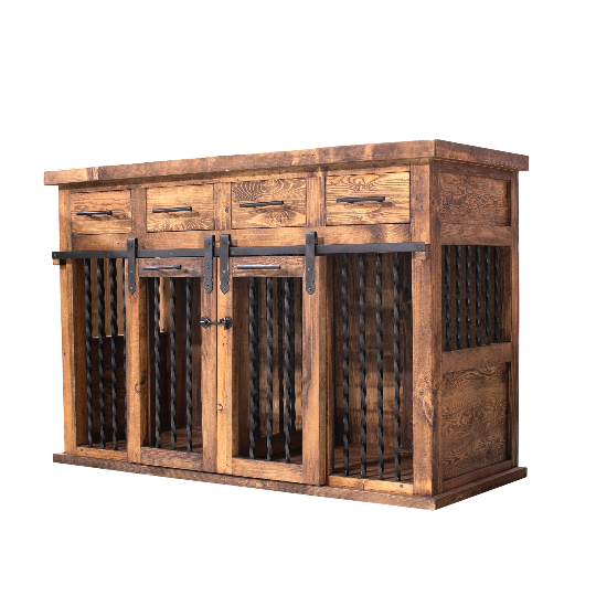 brown farmhouse door dog kennel with metal accents -right view