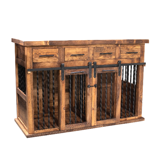 brown farmhouse door dog kennel with metal accents - left birds-eye view