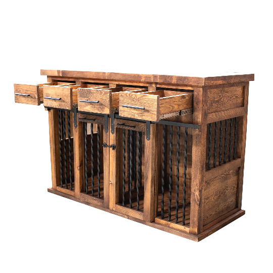 brown farmhouse door dog kennel with metal accents - right birds-eye view