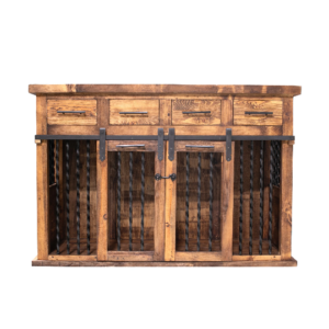 brown farmhouse door dog kennel with metal accents - front view