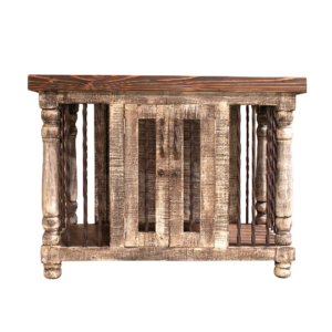 rustic white with turned legs and metal accents dog kennel - front view