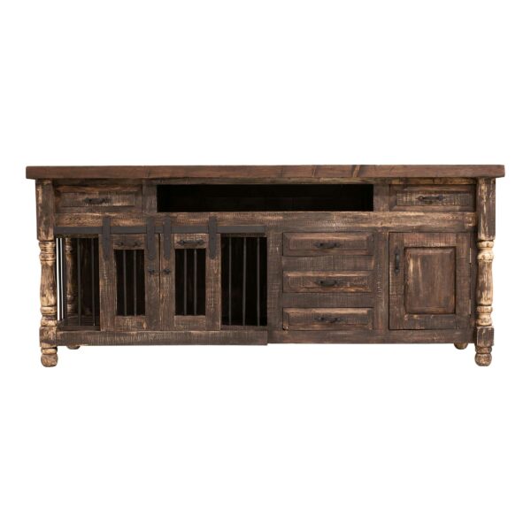 brown media console with dog kennel on left front view