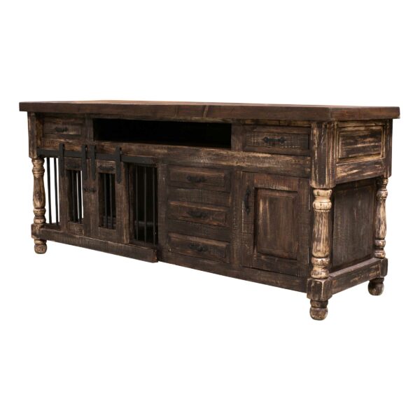 brown media console with dog kennel on left right view