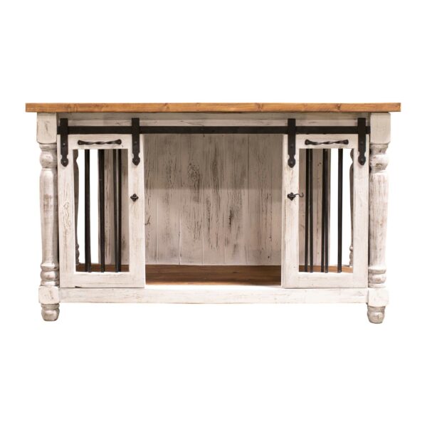 rustic white dog kennel console table with turned black metal detailing and sliding farm doors front view