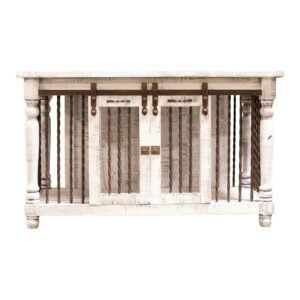 rustic white dog kennel console table with turned bronze metal detailing and sliding farm doors front view