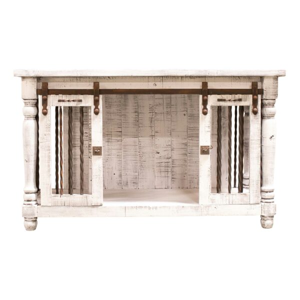 rustic white dog kennel console table with turned bronze metal detailing and sliding open farm doors front view