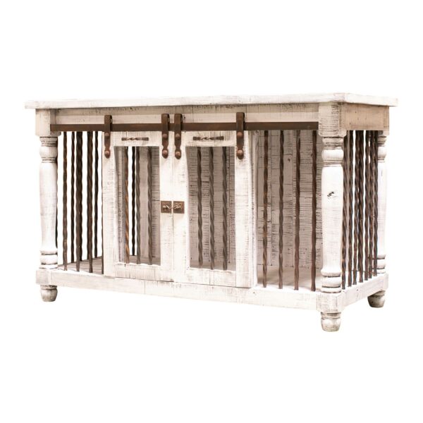 rustic white dog kennel console table with turned bronze metal detailing and sliding farm doors right side view